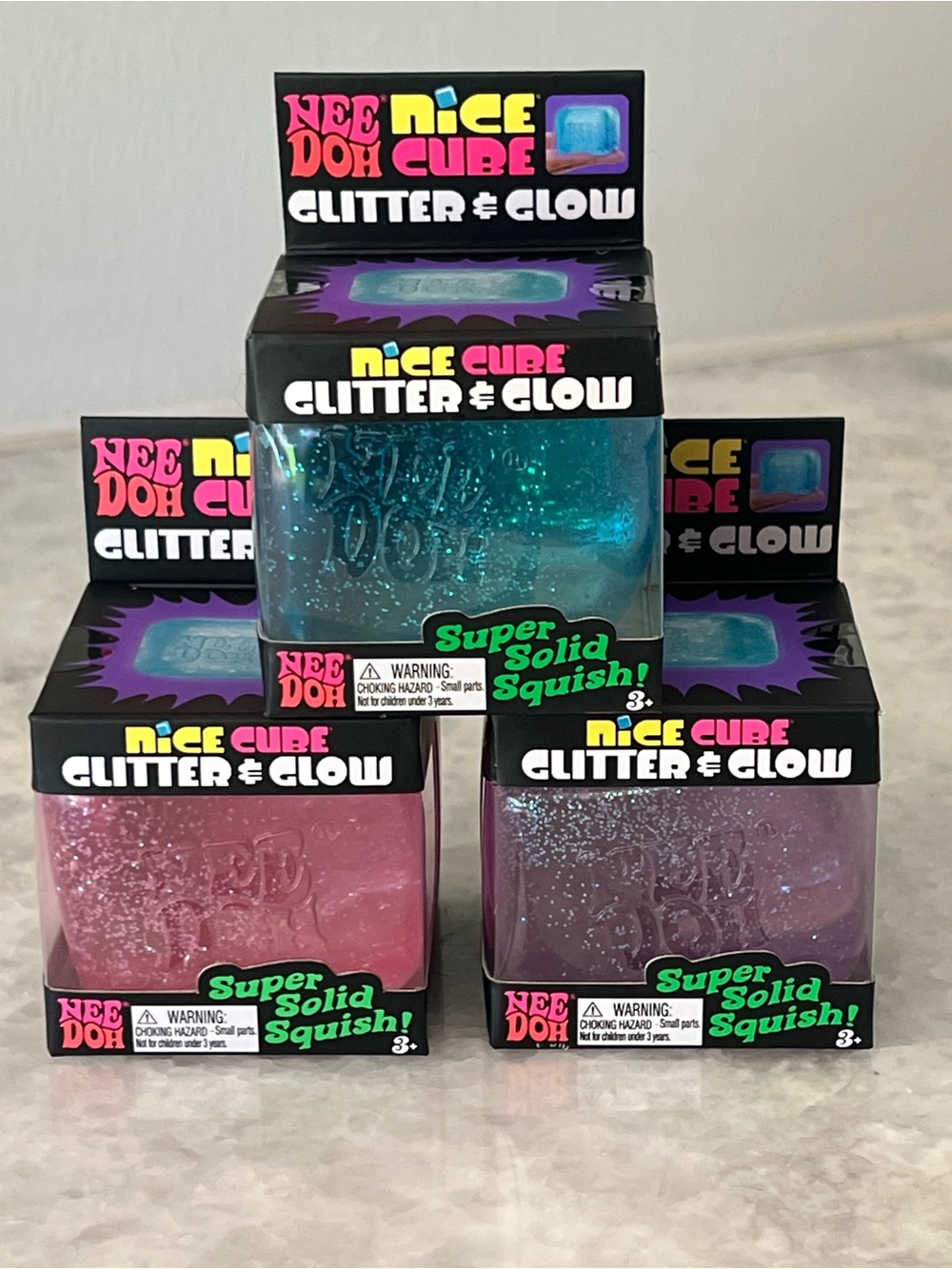 NeeDoh Nice Cube Glitter & Glow Squishy Toys Bundle Lot of 3 Pink, Blue, Purple